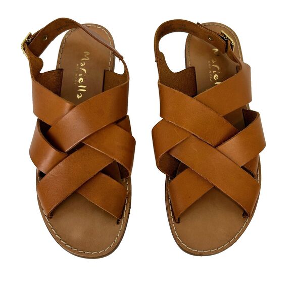 Mariella Cognac Tan Woven Flat Ankle Strap Sandals Leather Shoes Boho Casual 8 - Picture 1 of 14